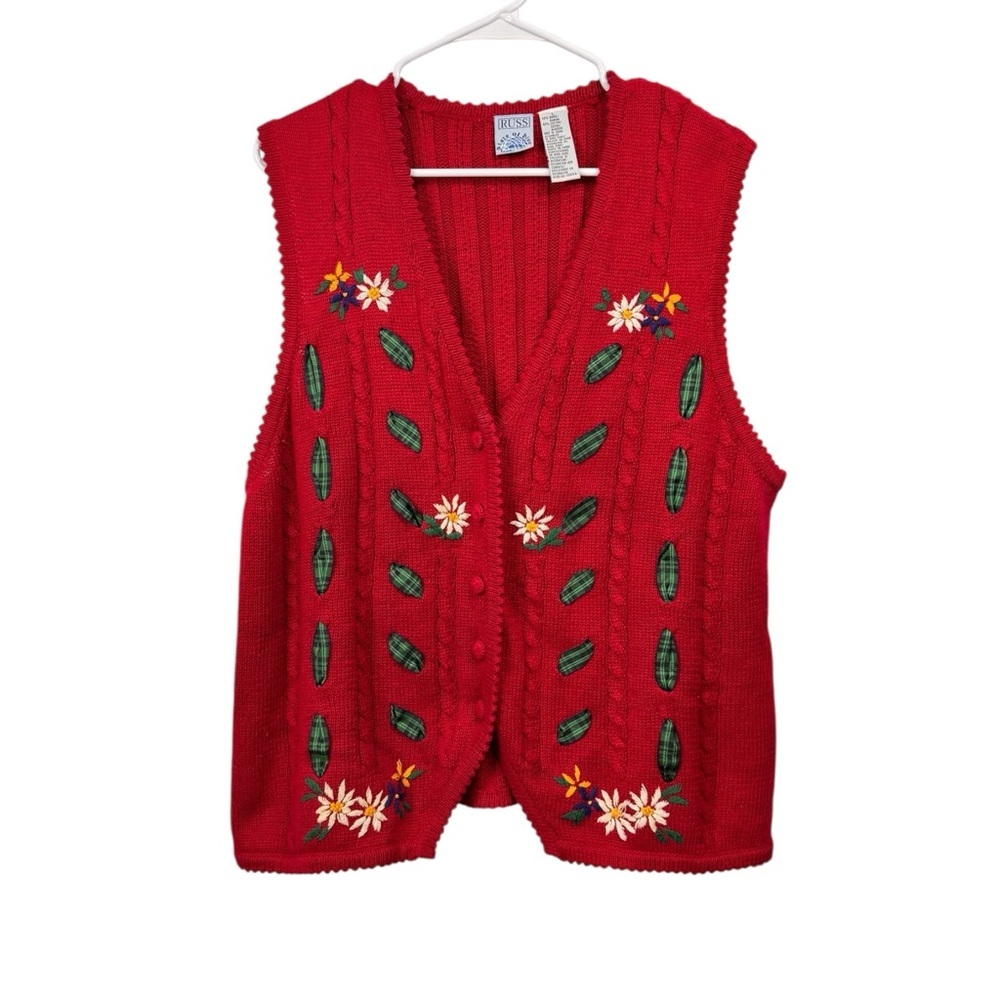 Vintage Russ Size Large Sweater Vest Red Daisy Floral Embroidery Ribbon Trim